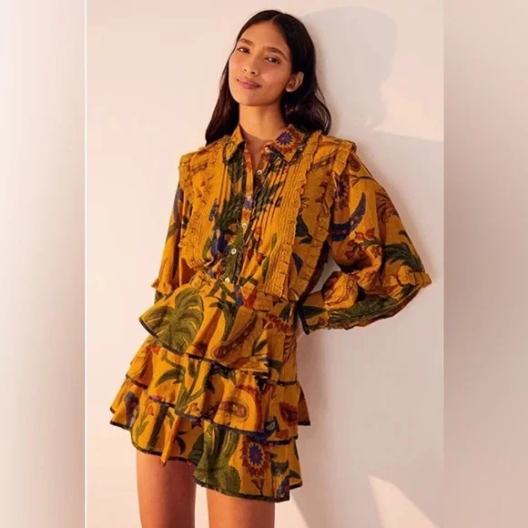 FARM Rio Yellow Tropical Tapestry layered Mini Skirt Size S - Picture 1 of 12